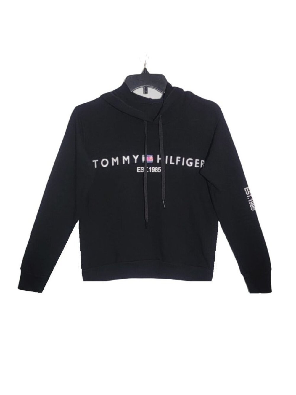 ✨Tommy Hilfiger Womens XS Black Hoodie Pullover Graphic Logo Sweatshirt Cotton